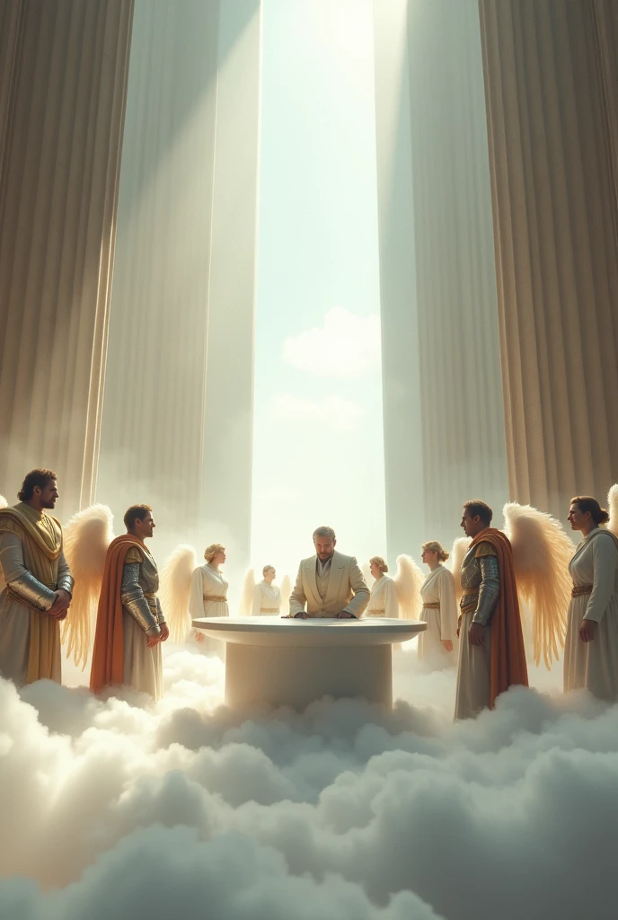 In the great cathedral hall、The ceiling is so high I can&#39;t see。
The ground is covered with a sea of clouds, making it a heavenly place.。
Overall white and bright。
In the middle is a smart cylindrical desk.、
Four men and an angel、Three blonde-haired angels standing、Surrounding the desk。
The warriors are having an important meeting.。
People listening with a serious look on their face、Some people are talking。
Illustrations taken at a distance where the facial features are clearly visible。