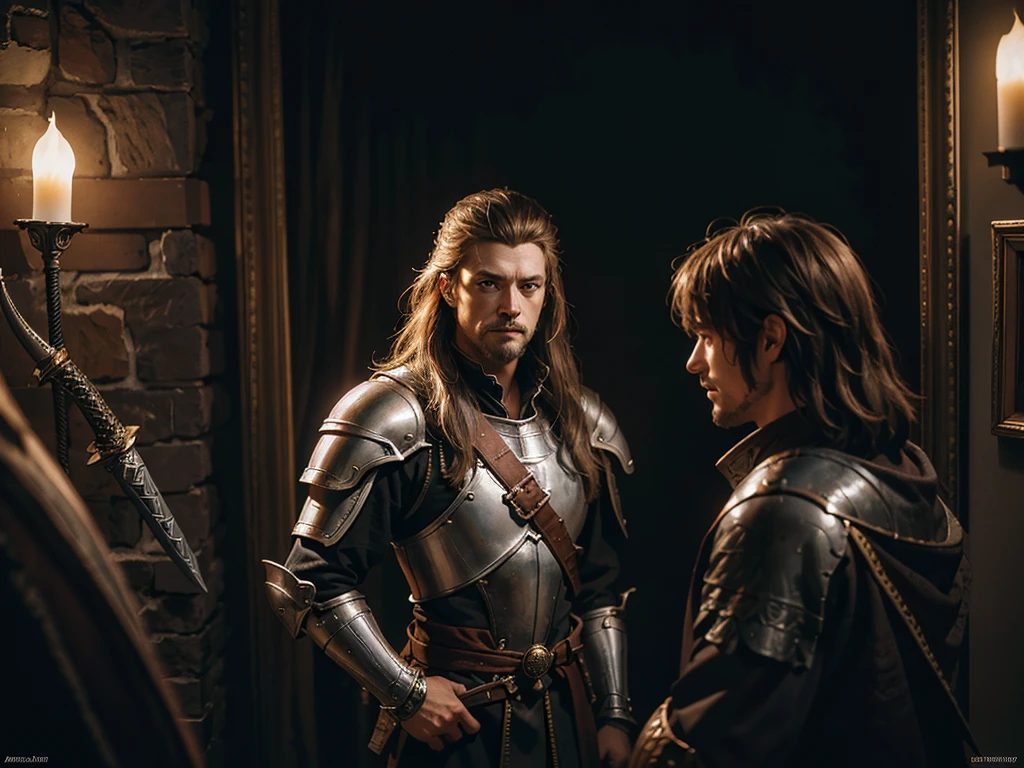 a man holding a sword in a dark room, a dark cave, the art of Edwards poster, jeff easyley dramatic light, Jeff Easley cinematic, por Jeff Easley, portrait of he man, Fantasyart, portrait painting of he man, Marco Schultz, he man, inspirado em Clyde Caldwell, dragon spear illustration, adult man, blond, hair flying, stark, knight, full body, medieval fantasy, looking straight ahead, high resolution, 4k resolution, warm hues,