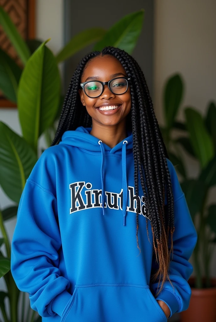 (photorealism:1.2), beautiful black African woman,22 years,sharp boobs, smiling wearing a fitting blue hoodie written "Kinuthia",long braids, black oversized photo chromatic glasses, standing , plants in background Rihanna inspiration