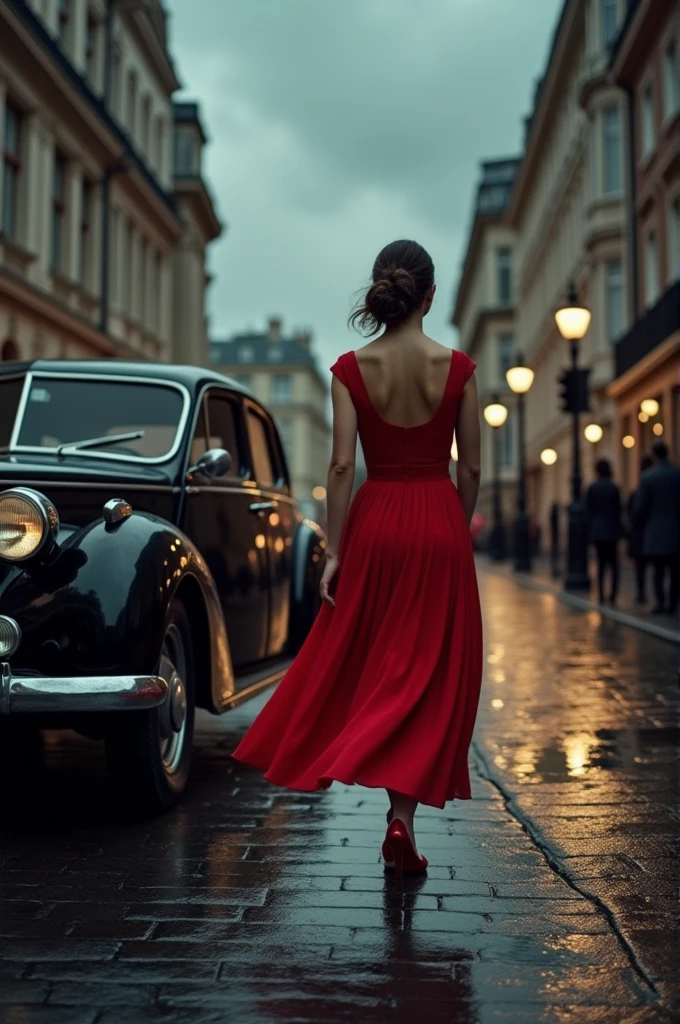 Vintage car on the streets of London with cloudy sky about to rain and a woman in an elegant red dress with dropped shoulders to the knees passing by on her hip in the opposite direction of the car 