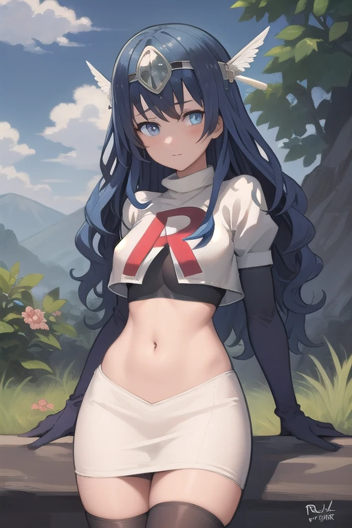 best quality, (masterpiece:1.2), illustration, absurdres,
(1girl, solo),  (beautiful detailed girl), 
blue hair, long hair, wavy hair, blue eyes, medium breasts,
winged visor, wing ornament, team rocket,team rocket uniform,white skirt,red letter R,crop top,black thigh-highs,black elbow gloves, looking at viewer,
magical forest, flowers, sky, clouds