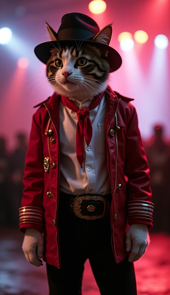 A cat dressed as Michael Jackson is standing、The background is a concert venue