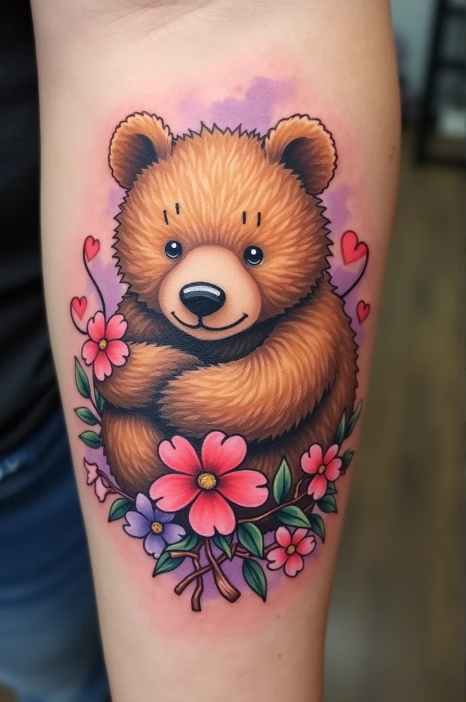 A bear hug tattoo representing a grandmother's hug , Tattoo on the arm