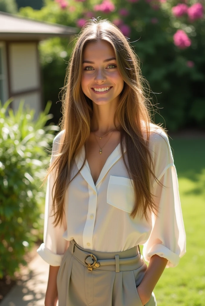 A beautiful girl with green eyes that express purity and sensitivity, very long straight hair, a beautiful smile on your face, wearing a white blouse and stylish pants, in a backyard of a house