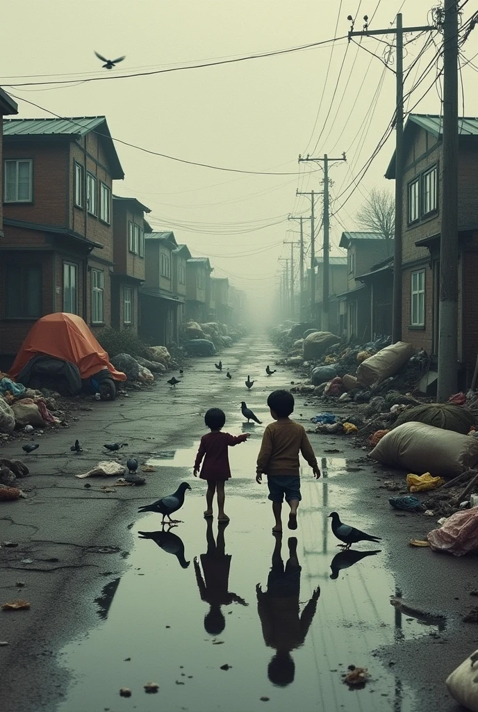 Give me a picture of a neighborhood in muted tones, dirty, with puddles, pigeons, homeless children, garbage, without realism in a horizontal way
