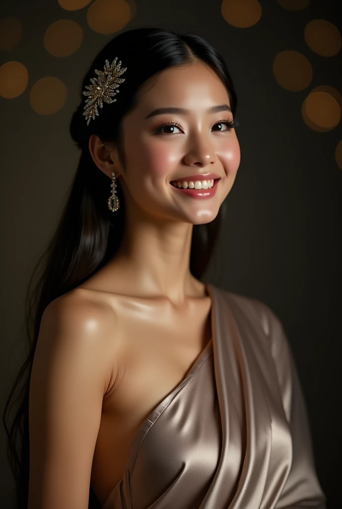 best quality, masterpiece, highres, 1girl, transparent silk china dress, beautiful face, hair ornament, looking at viewer, smile, closed mouth,lips, dress,hair ornament, necklace, jewelry, long hair, earrings, Beautiful face,upon_body, tyndall effect,photorealistic, dark studio, rim lighting, two tone lighting,(high detailed skin:1.2), 8k uhd, dslr, soft lighting, high quality, volumetric lighting, candid, Photograph, high resolution, 4k, 8k, Bokeh photo-realistic, 8k, highly detailed, full length frame, High detail RAW color art, diffused soft lighting, shallow depth of field, sharp focus, hyperrealism, cinematic lighting, a woman in a beautifully makeup, eyeshadow, beautiful big eyes, long eye lashes, wearing (Gray satin), loosely tide, ((Taupe satin kaftan)), text "" in front.
