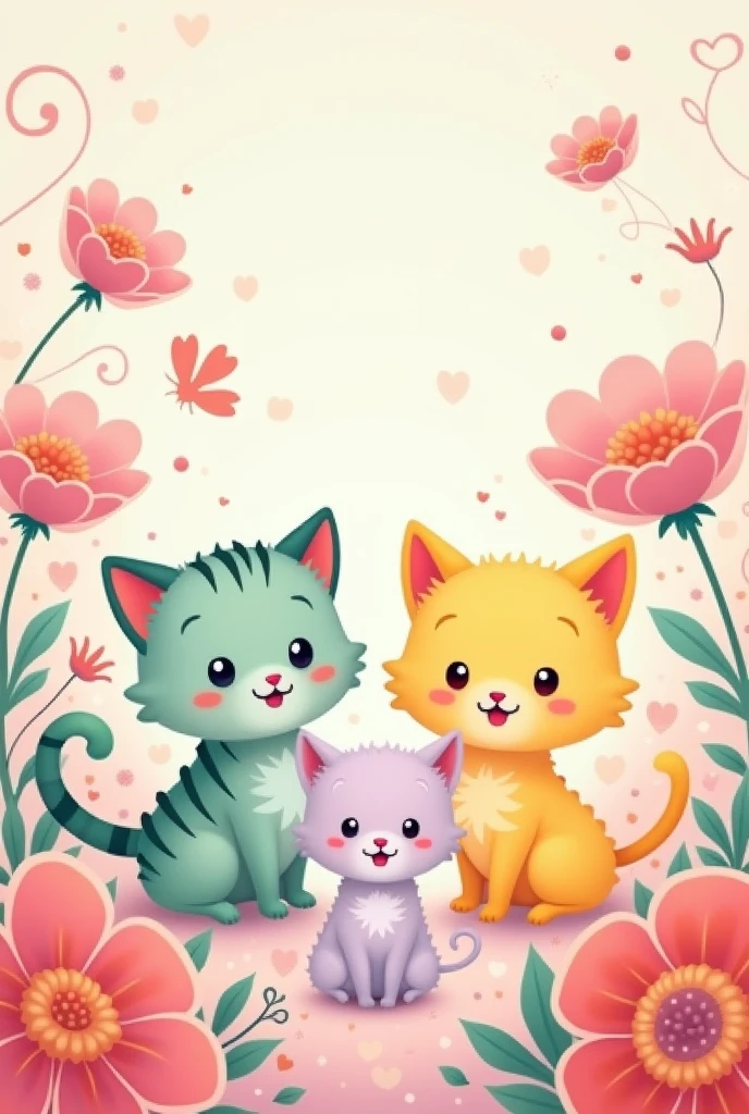 Create a cute and delicate drawing of 3 kittens, each with a color, the drawing should not be aimed at realism. 