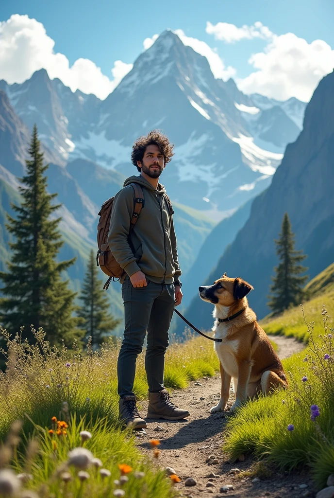 Young man with mongrel dog in the mountains