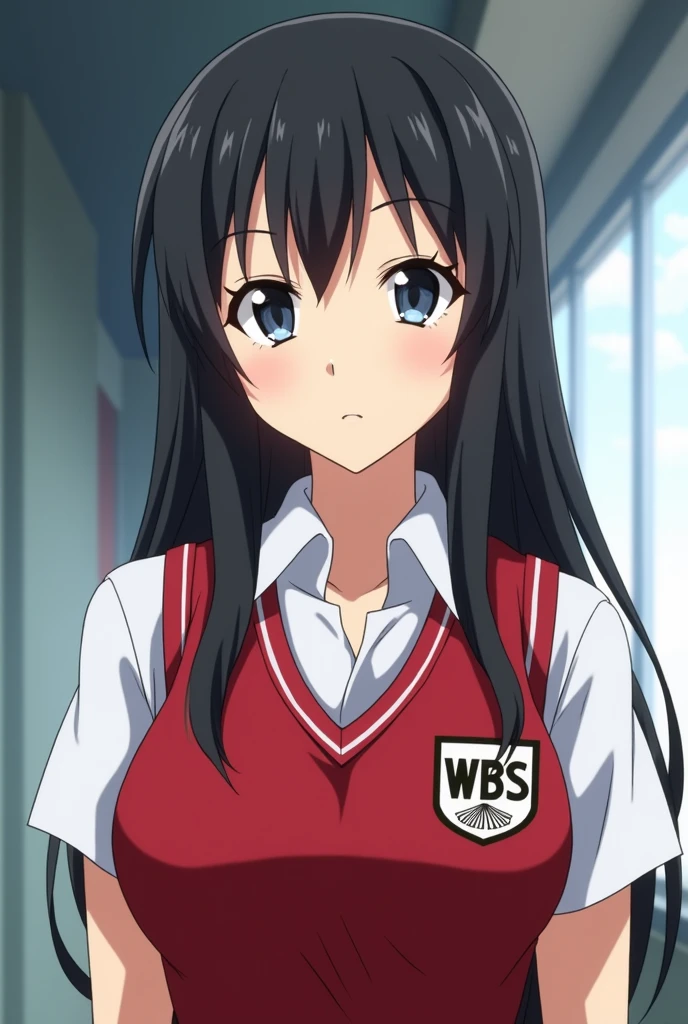 An anime girl, student council president, WBS logo in uniform, short sleeve, red vest, cold expression, super long black hair, matured face, cool, serious, close up face, cold eyes, intelligent, president