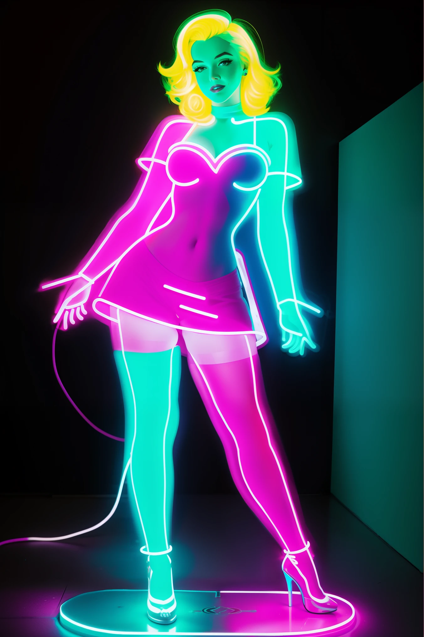 existe existe Marilyn Monroe, Colored blonde hair, standing, 3D neon art of a woman's body, neon-noir background, femme fatale cyberpunk, seductive cyberpunk dark fantasy, cyberpunk strip clubs, cyberpunk 20 years. oh model girl, cyberpunk oppai, flag, high definition cg society, cg society masterpiece, trends on cgstation, KDA, random hair, looking at the camera, gigantic breastss, neckleace, (highly detailed skin:1.2), 8k hd, dslr, super lighting, high qualiy, film grain, high resolution, highy detailed, hyperrealisti, beautiful face, Body cute, beautiful eyes nose lips, seductive expression, very bold, top visible, photo by full body, standing legs apart, pale skin, translucent and shiny, most beautiful face, cute, (well-defined pubic hair:1.2)), (dark smooth black background:1.4))