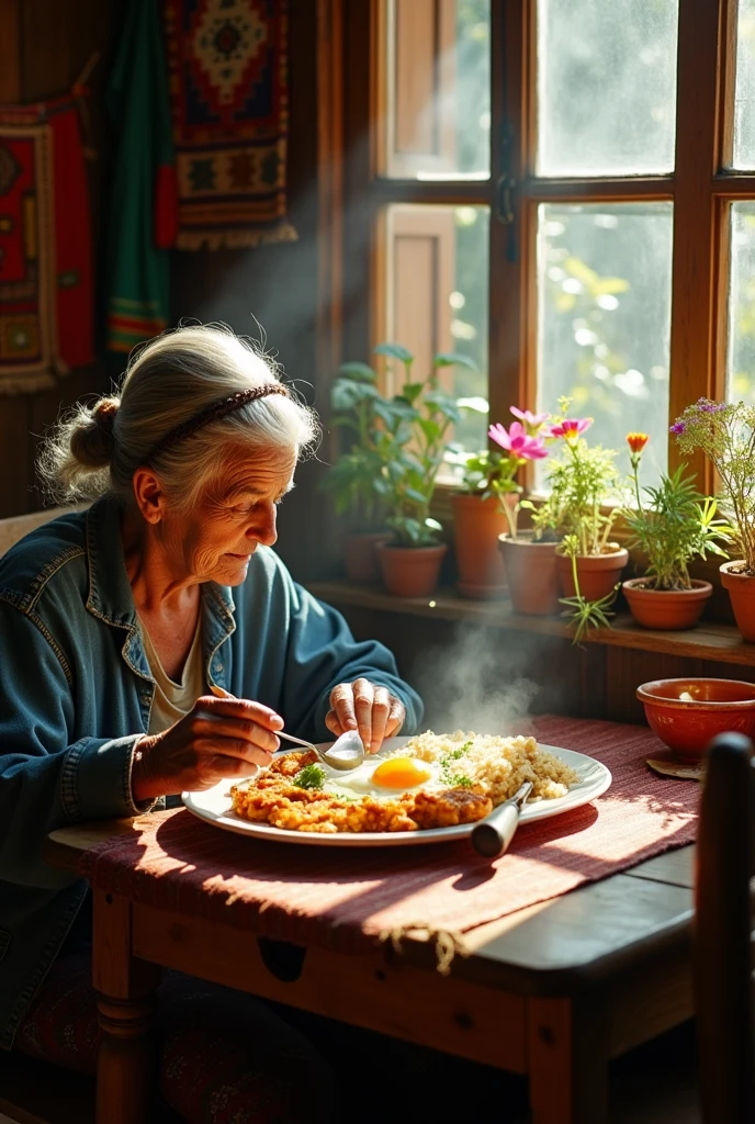 The old woman braids her hair and watches the cowboy eat some fried eggs with rice