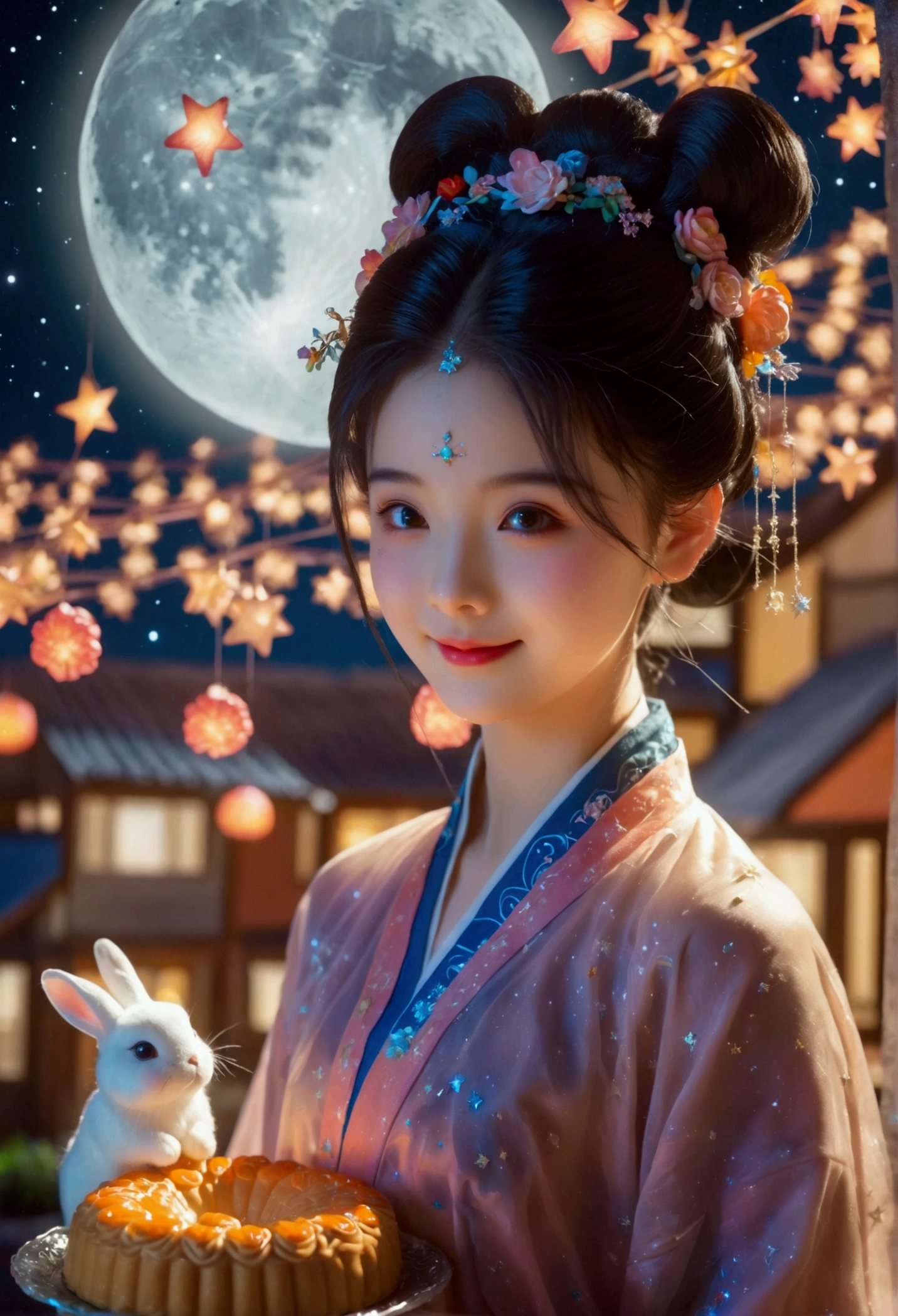 Microphotography，Felt style，1 girl wearing Hanfu，Felt clothing looks soft and warm in the moonlight，Huge Moon，Sparkling stars，(Stars:1.5)，(Milky Way Starry Sky:1.5)，She stood under the bright moon，Dancing lightly，Surrounded by the tranquil night sky and hazy clouds，There is a round moon cake next to the girl.，Looks sweet and delicious，Side，A cute rabbit is holding another moon cake，Colorful flowers，Seems to be enjoying the food of this festival，Vibrant and fun，3D Photography