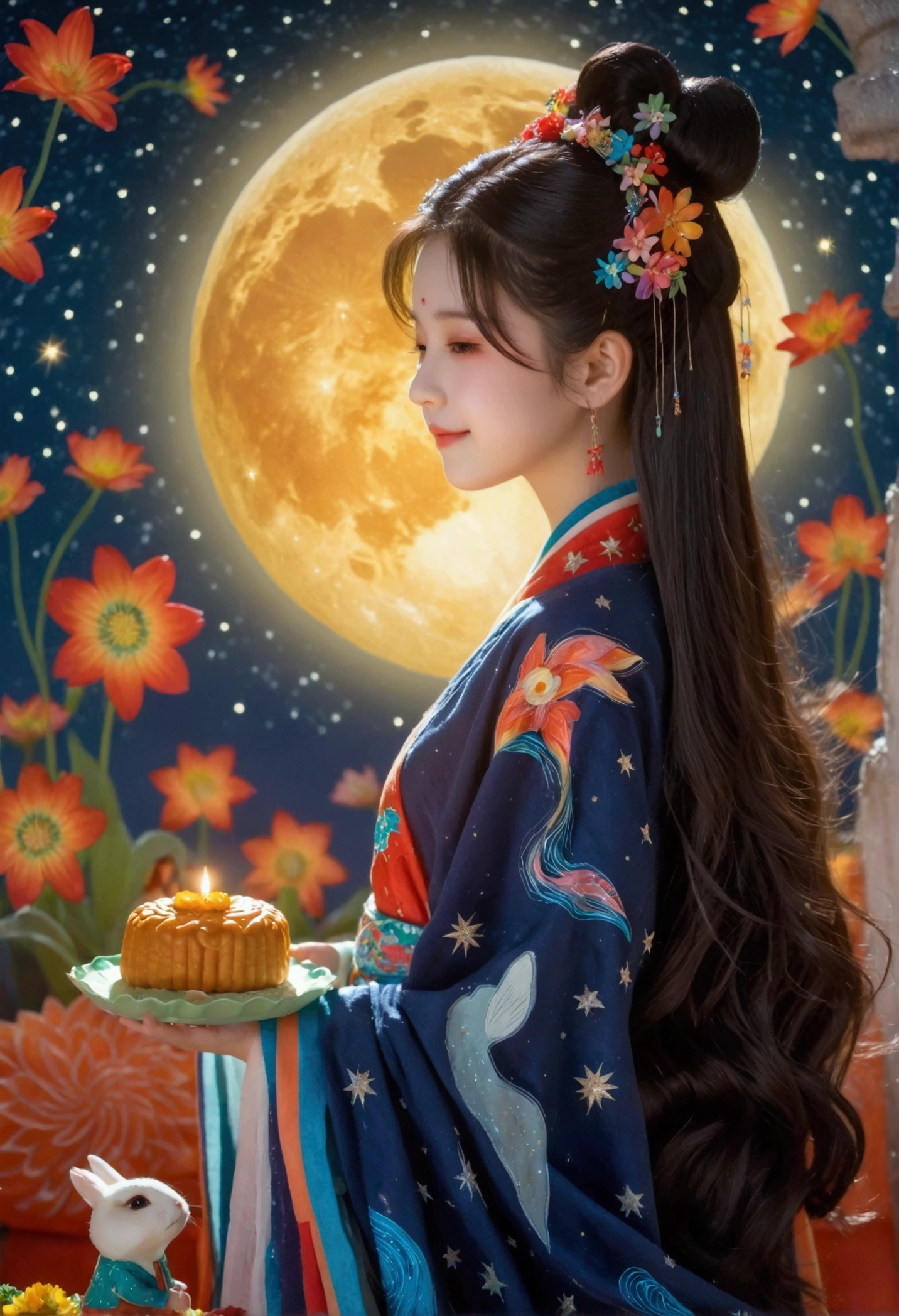 Microphotography，Felt style，1 girl wearing Hanfu，Felt clothing looks soft and warm in the moonlight，Huge Moon，Sparkling stars，(Stars:1.5)，(Milky Way Starry Sky:1.5)，She stood under the bright moon，Dancing lightly，Surrounded by the tranquil night sky and hazy clouds，There is a round moon cake next to the girl.，Looks sweet and delicious，Side，A cute rabbit is holding another moon cake，Colorful flowers，Seems to be enjoying the food of this festival，Vibrant and fun，3D Photography