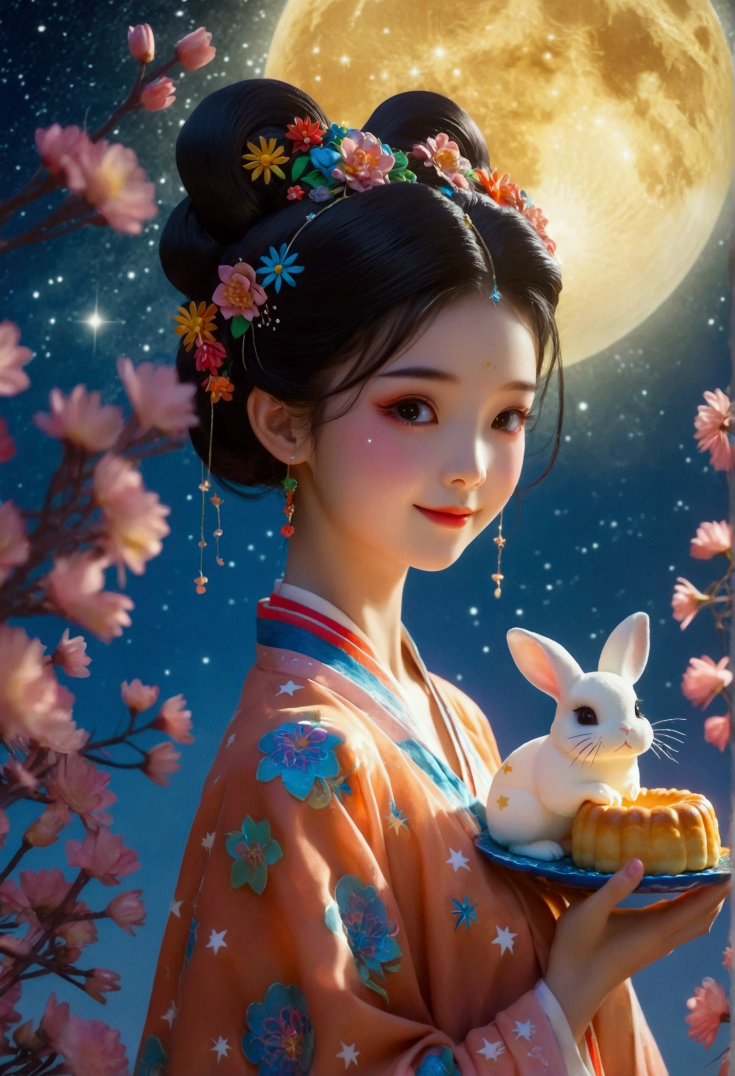 Microphotography,Felt style,1 girl wearing Hanfu,Felt clothing looks soft and warm in the moonlight,Huge Moon,Sparkling stars,(Stars:1.5),(Milky Way Starry Sky:1.5),She stood under the bright moon,Dancing lightly,Surrounded by the tranquil night sky and hazy clouds,There is a round moon cake next to the girl.,Looks sweet and delicious,Side,A cute rabbit is holding another moon cake,Colorful flowers,Seems to be enjoying the food of this festival,Vibrant and fun,3D Photography