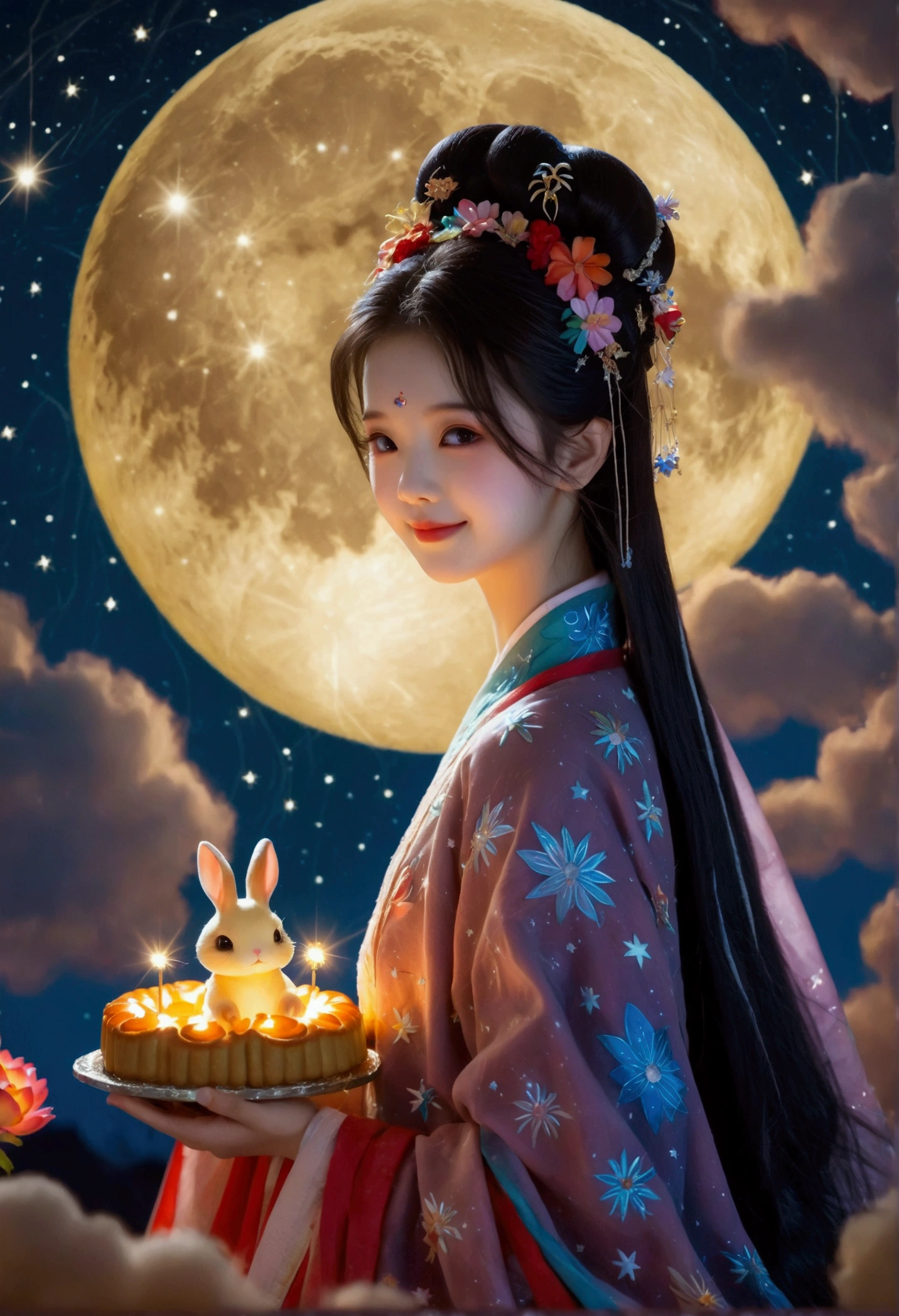 Microphotography，Felt style，1 girl wearing Hanfu，Felt clothing looks soft and warm in the moonlight，Huge Moon，Sparkling stars，(Stars:1.5)，(Milky Way Starry Sky:1.5)，She stood under the bright moon，Dancing lightly，Surrounded by the tranquil night sky and hazy clouds，There is a round moon cake next to the girl.，Looks sweet and delicious，Side，A cute rabbit is holding another moon cake，Colorful flowers，Seems to be enjoying the food of this festival，Vibrant and fun，3D Photography