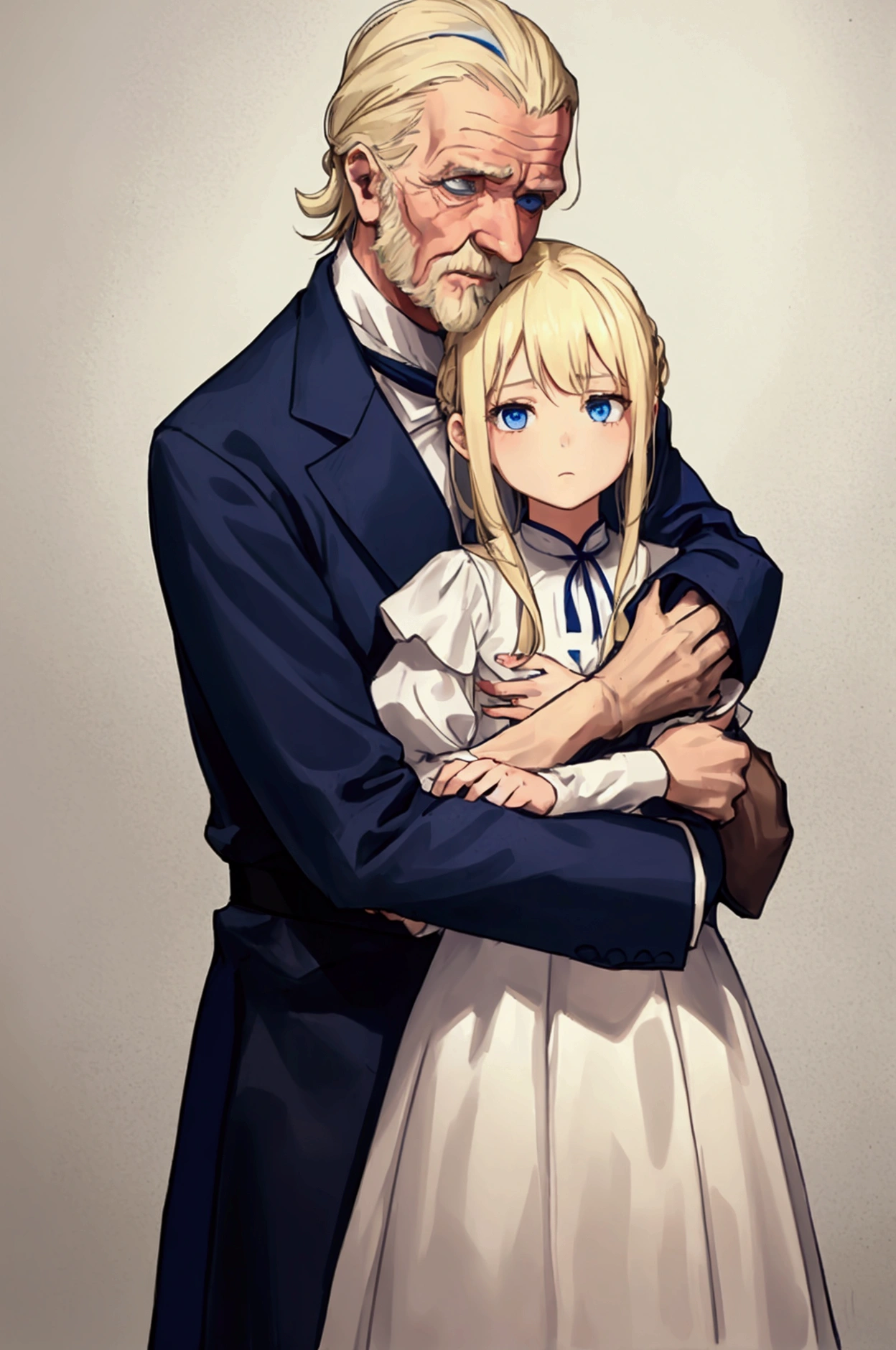 A girl of about with blonde hair and blue eyes is hugged by an old man.. He surrounds her with his arms and in the center between his hands he has a cross.. The characters are the protagonists Cosette and Jean Valjean from the book Les Misérables.