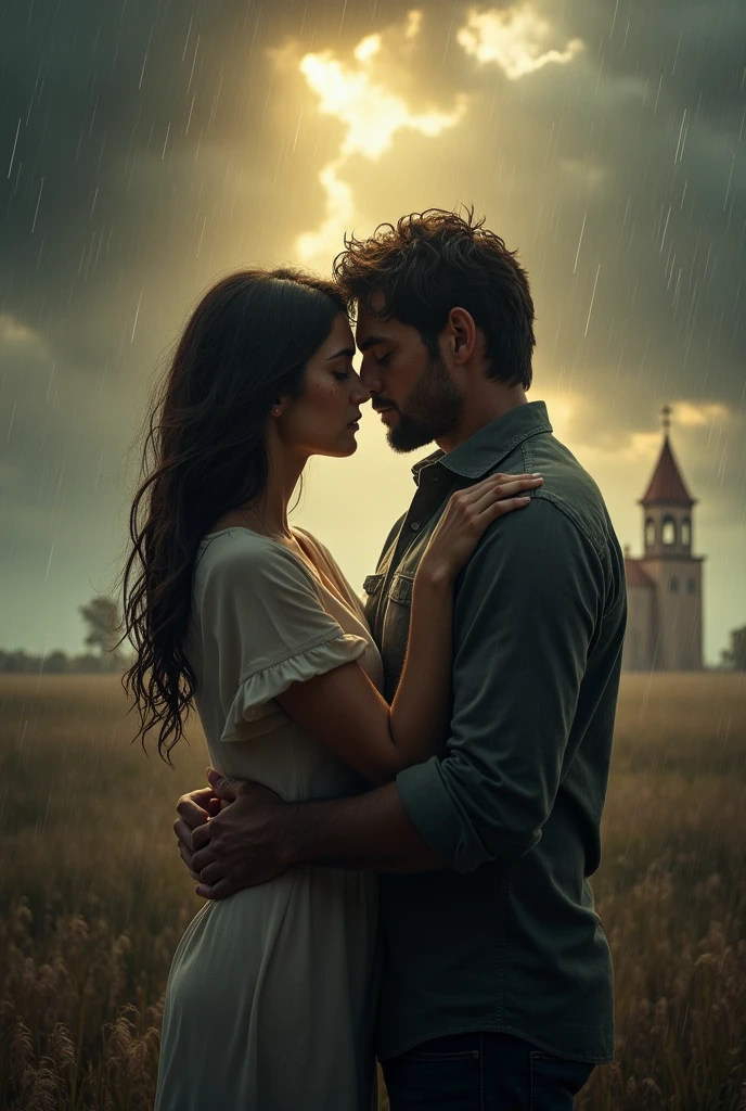 Create an image (for the cover of a book I'm going to make), a couple between conflicts, but who nevertheless demonstrate love for each other and end up seeking refuge in God (even though she was an atheist and he was an evangelical, she crying in his arms)