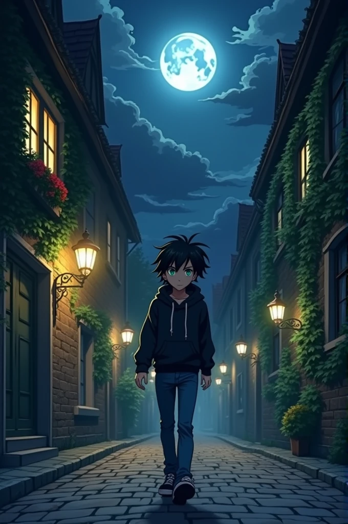 A 16 year anime boy is walking in alone in night 