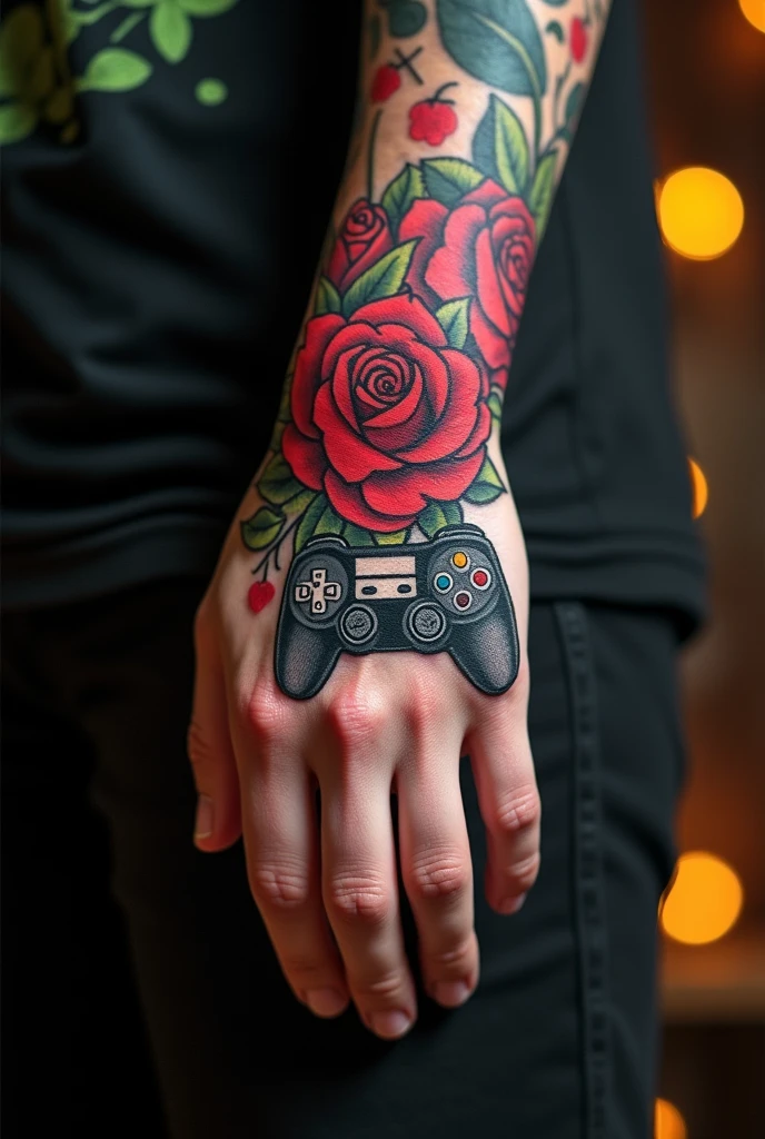 Gamer tattoo design on hand with roses