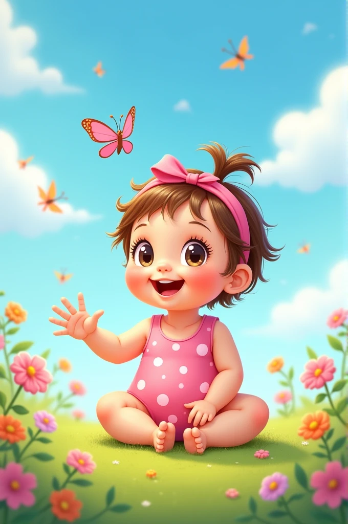 Baby girl in pink romper, pink headband and small brown hair, animated cartoon

