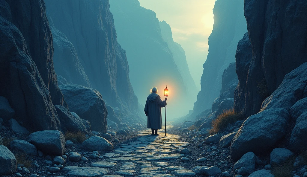 Create an evocative image illustrating the concept of needing guidance during challenging times, Visualize a winding and rugged path through a dramatic landscape, with steep cliffs and obstacles representing life's difficulties. In the center, depict a wise and reassuring guide—perhaps an individual with a lantern or a staff—leading the way with a clear, illuminated path ahead. The scene should balance the sense of struggle with the presence of a guiding light or figure, symbolizing support and direction. Soft, comforting light should highlight the guide's presence and the safe passage through the challenging terrain, 16k resolution, ultra HD, realistic, vivid colors, pen and ink technique, perfect composition, octane render radiating with soft, volumetric, cinematic lighting, trending on ArtStation, photorealistic concept art, artistic photography, ultra fine, highly detailed, beautiful, detailed, intricate, insanely detailed, octane render, trending on ArtStation, 16k artistic photography, photorealistic concept art