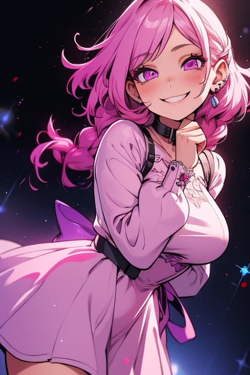 Perfect face. Perfect hands. A pink haired woman with violet eyes and an hourglass figure in a cute dress is smiling on the stage