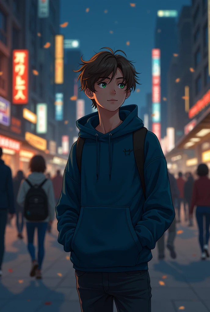 Anime style image. A teenager with messy brown hair and dark green eyes was in the middle of a crowd, it was night and there were few people on the street. He was wearing a dark blue sweatshirt, black pants, his hands were in his pockets to protect himself from the cold, he was walking down the street and he looked back when he thought he had seen someone from his past that he hadn't seen in a long time.