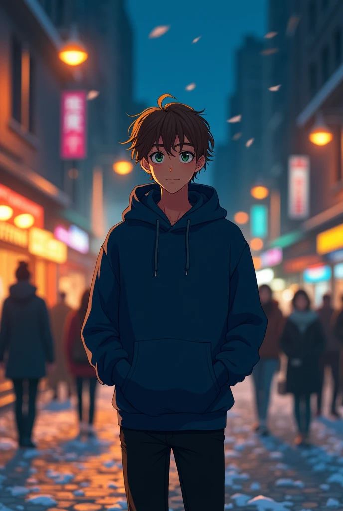 Anime style image. A ager with messy brown hair and dark green eyes was in the middle of a crowd, it was night and there were few people on the street. He was wearing a dark blue sweatshirt, black pants, his hands were in his pockets to protect himself from the cold, he was walking down the street and he looked back when he thought he had seen someone from his past that he hadn't seen in a long time.