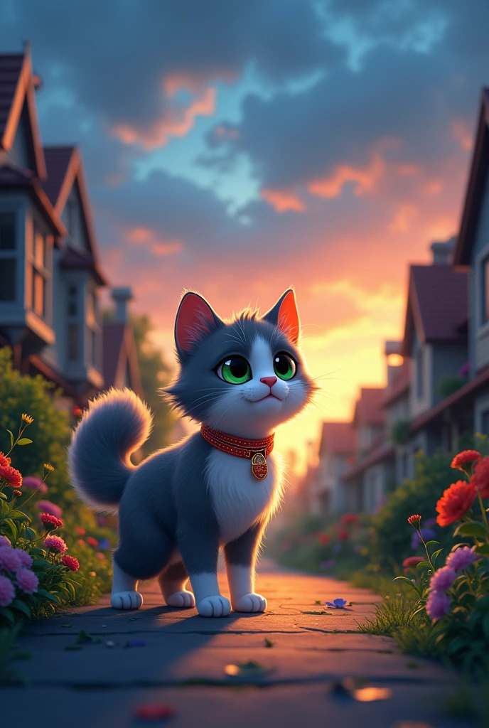 As dusk approached, Whiskers felt a tug in her heart. The gray white cat missed her cozy bed and her human family. With Nutty’s help, she found her way back home, her collar glowing softly in the twilight. Her human, noticing the magical glimmer, gave Whiskers a warm hug, unaware of the day’s adventures but sensing the joy in her purring.
That night, as Whiskers curled up in her favorite spot, she dreamed of the day’s adventures and the friends she had made. The magical collar had not only opened a world of wonder but had also given her a day she would cherish forever.