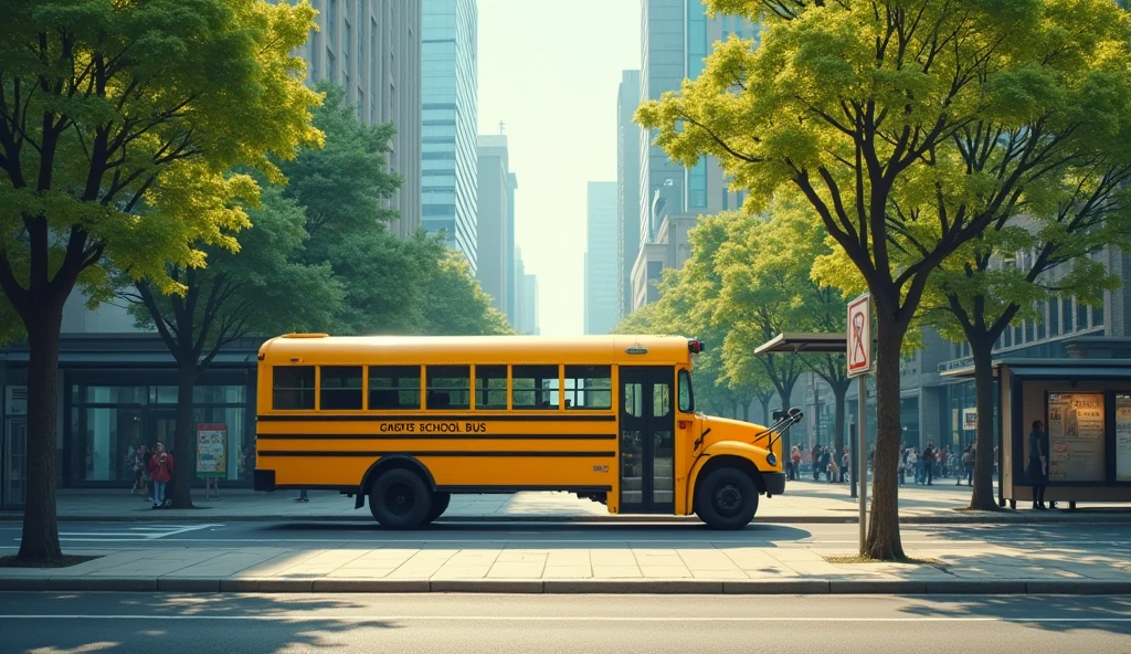A yellow school bus is parked at the bus stop.. The surrounding scenery is urban and the lighting is soft.., With trees and buildings as a backdrop.Realistic,cinema, 8ก