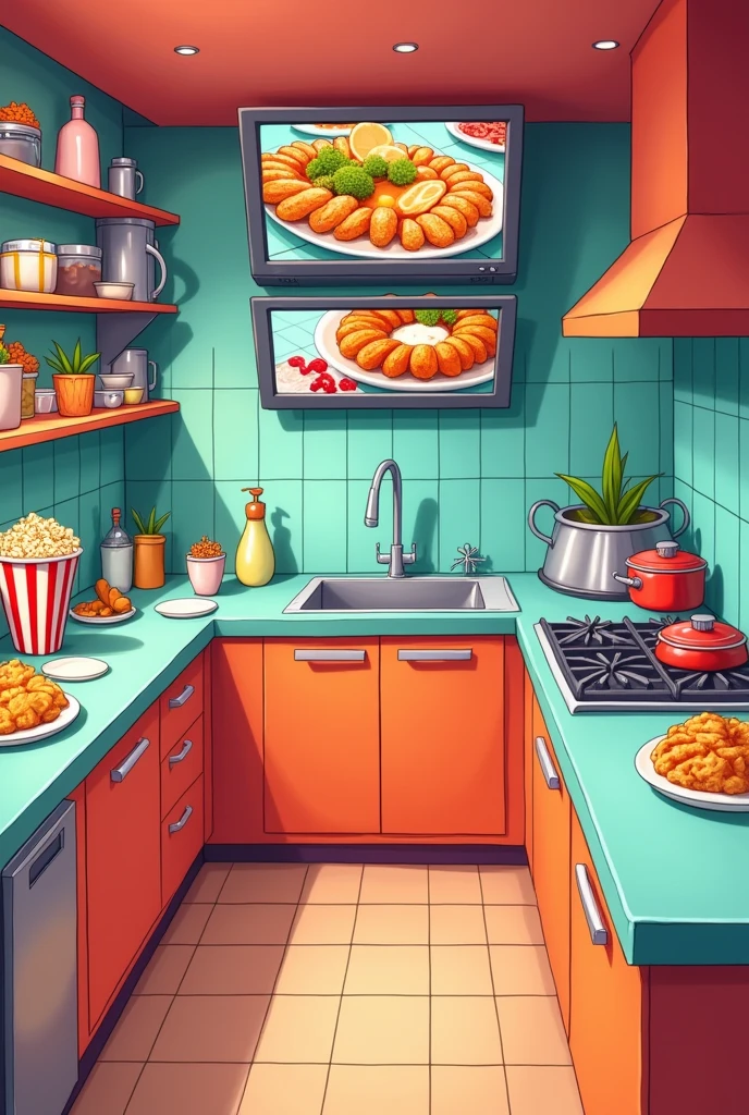 A cartoonish movie kitchen, that has popcorn and food that you can see the kitchen from the front that has a modern television on the top where you can see the food they offer, that does not have people, and that the kitchen is horizontal so that it looks flat from the front