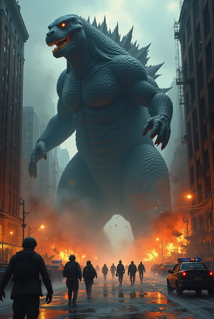 80's monster movie posters、An illustration、A monster coming at us at breakneck speed、Several people running away々、I'm in a panic、Every detail was drawn with brush and paint.,huge,Realistic monsters、Godzilla-like、Focus on the monsters、City、Collapsing high rise building、destruction,Manhattan at night,A person running away from a monster at full speed々、US troops confront、fear