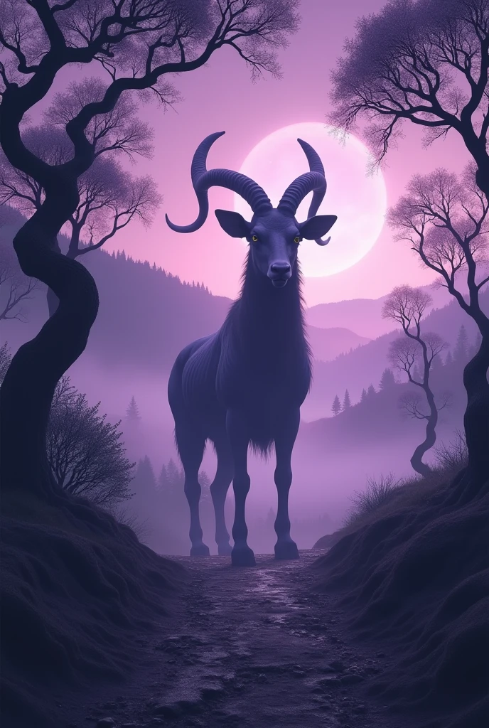 A dark light lilac landscape with a baphomet in the middle