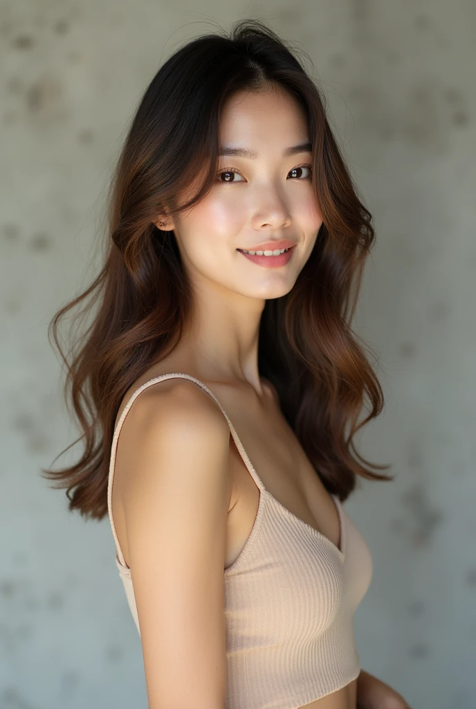 Cool Beauty、Beautiful Japanese、糸のようHair、Semi-long, below shoulder length、Olive brown hair color、Less hair volume、The body is oblique、The gaze is on the camera、smile、Beige cut and sew、Has a sharp gaze、Clear and straight nose、Background is simple concrete、Lightweight hairstyle、gloss々Hair、Straight hair Sharp eyebrows、Straight hair done with a straightening iron