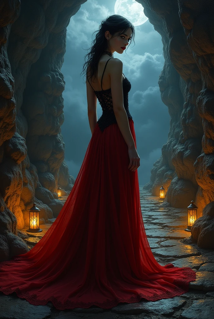 A hyper realistic fantasy, eery oil painting of a dark, and gloomy cave, lanterns line the wal, casting a glow on cave. A beautiful gothic female vampire emerges from the darkness, wearing a red dress, with black lace, eyes a soulless black, with red lips, showing two fangs. I the background is a cloudy night. With only a little moonlight.