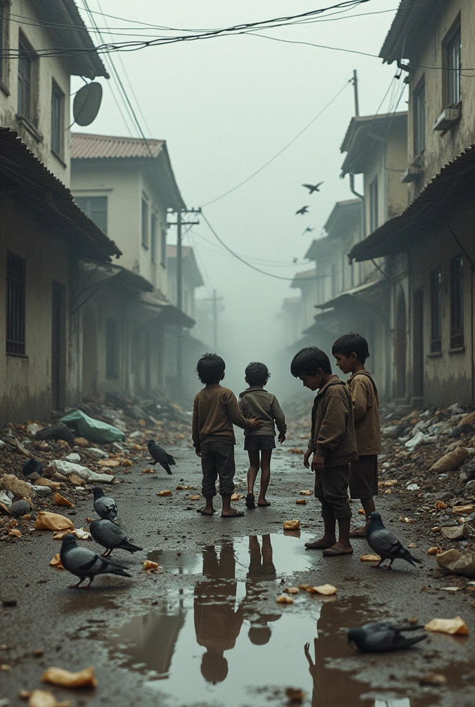 Give me a picture of a neighborhood in muted tones, dirty, with puddles, pigeons, homeless children, garbage, without realism in a horizontal manner HORIZONTAL
