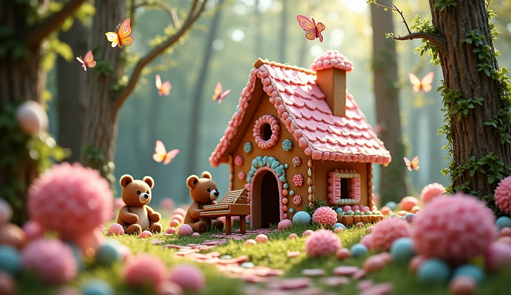 candy house in middle of the forest, gingerbread, sweet house, candy world, marshmallow , Cute bears playing,Pretty butterflies are flying,generative by AI,A cute bear is playing the pia、,