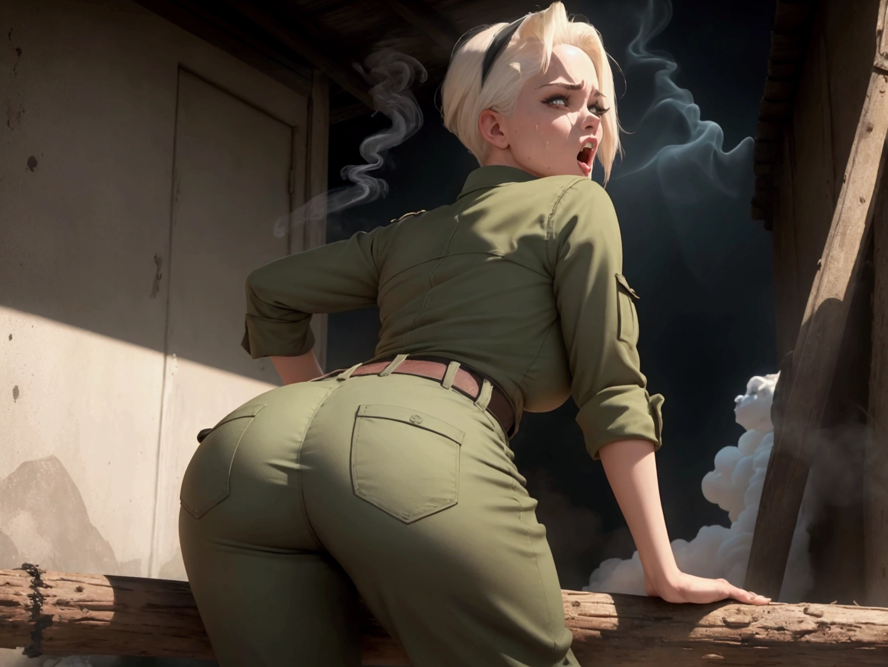 We see her from behind, , We also see his face , Big butt , We see her from behind, A hilarious cinematic scene from the 1940s features a young actress, resembling Doris Day, dressed as a poacher in the heart of the jungle. She is bent over, wearing long pants and a hunter's shirt, holding a rifle, and has a big hole in her pants with charred marks and smoke emanating from her rear. With her platinum blonde hair short and sleek, she appears to be around 30 years old. In a moment of slapstick comedy, she screams in pain, eyes and mouth wide open, revealing the massive hole in her pants from a shotgun accident. The scene is captured in stunning 4K high definition, with the jungle as a backdrop and a comedic tone throughout.,