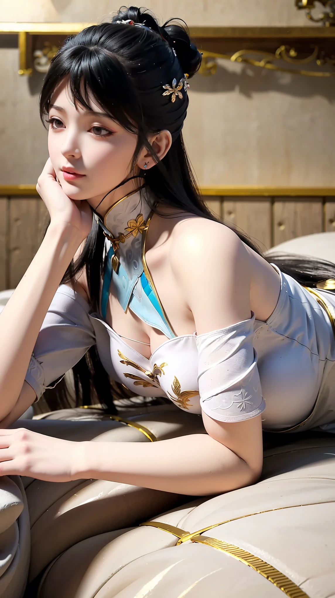 一个女孩Lying in bed,Dressed in suspender pajamas,Face up,Raise your legs slightly,Front view super detailed beautiful busty girl. Ultra HD, 4K, 8K, Movie,whole body,Lying down,Long legs,Very big breasts,whole body捕捉,(((Lying in bed))),(((whole bodyLying in bed))),big bed,Off-shoulder,Shoulder-length skirt,Lying in bed,Sleeping on the pillow,Lying down,Headrest pillows,(((平Lying in bed))),whole body平Lying in bed