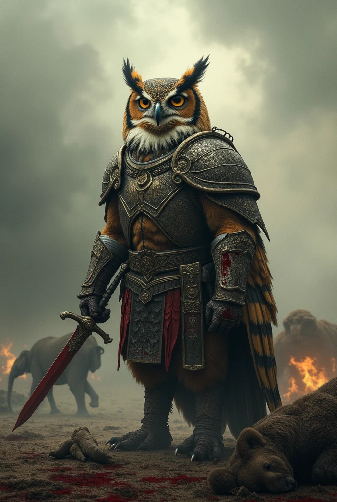 A warrior owl with weapons and armor, with a bloody dead elephant and bear, as if they had won the war and on a battlefield