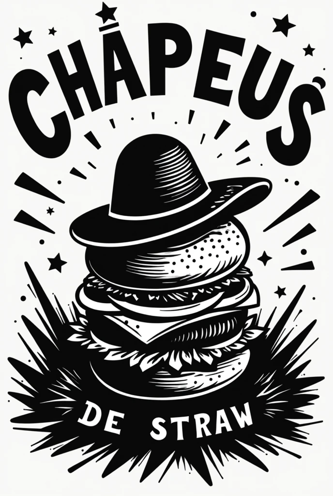 create a black and white futuristic burger brand logo with the name Chapéus De Straw in Portuguese br
