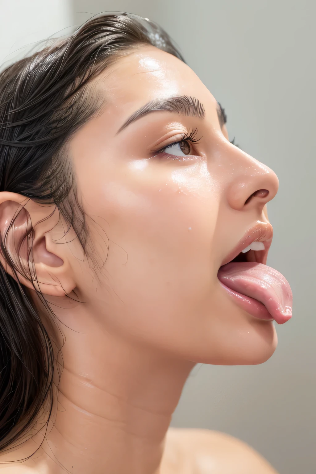 Taylor Hill、High resolution realistic photos,8k,Realistic skin texture,to be born々New People々々々々々,1 person,Tabletop,,Awards - Winning Photos, Very detailed, close your eyes, Nose and mouth,Face Focus, Extreme close up of face、Woman with open mouth and close your eyes, Black camisole、20-year-old,Black-haired、Symmetrical face,Realistic nostrils、Angle from below、Elongated C-shaped nostrils,((Gray background))、Sweaty skin、Lighting that highlights glowing skin caused by sweat、((Sharp Nose))Skin shiny with sweat、Glowing Skin、Sweaty hair、sunlight、(Brow wrinkles)((Frowning))（cum on tongue)、Deep Kiss、((Thin eyebrows))((Oily skin、Glowing Skin))、double eyelid、Wet and shiny tongue、Tied Hair、updo、Lift your head(((Long Tongue, Saliva trace)))((Super wet skin))((Visible profile of the nasal septum,nasal septum,profile))