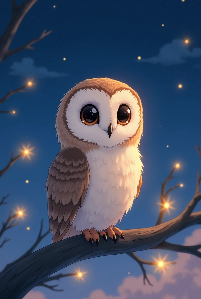 アニメマンガイラストスタイル, A warm and inviting illustration in the style of Makoto Shinkai, featuring a gentle, wise owl perched on a branch. The owl has large, reflective eyes that capture the serene beauty of its surroundings. The feathers are rendered with delicate attention to detail, using soft, natural colors that blend harmoniously with the twilight setting. The background showcases a breathtaking twilight sky, painted in deep blues and purples, with a subtle gradient that transitions into a starry night. Softly glowing fireflies float around the owl, adding a touch of magic to the scene. The overall design should evoke a sense of calm, wisdom, and the quiet beauty of nature, capturing the emotional depth typical of Shinkai's work.