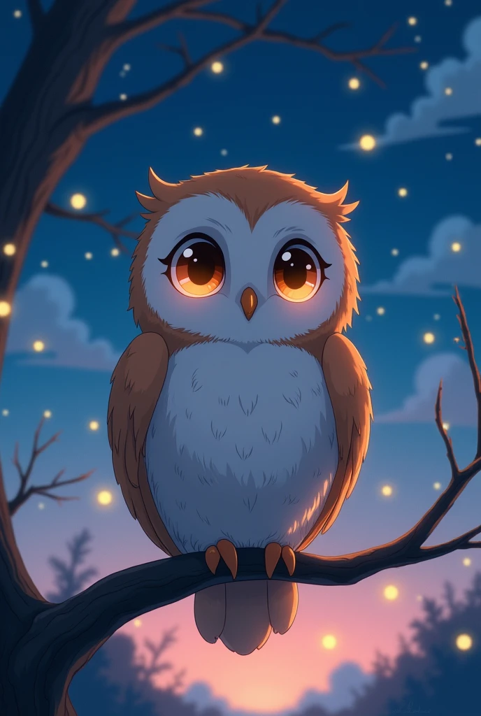 アニメマンガイラストスタイル, A warm and inviting illustration in the style of Makoto Shinkai, featuring a gentle, wise owl perched on a branch. The owl has large, reflective eyes that capture the serene beauty of its surroundings. The feathers are rendered with delicate attention to detail, using soft, natural colors that blend harmoniously with the twilight setting. The background showcases a breathtaking twilight sky, painted in deep blues and purples, with a subtle gradient that transitions into a starry night. Softly glowing fireflies float around the owl, adding a touch of magic to the scene. The overall design should evoke a sense of calm, wisdom, and the quiet beauty of nature, capturing the emotional depth typical of Shinkai's work.