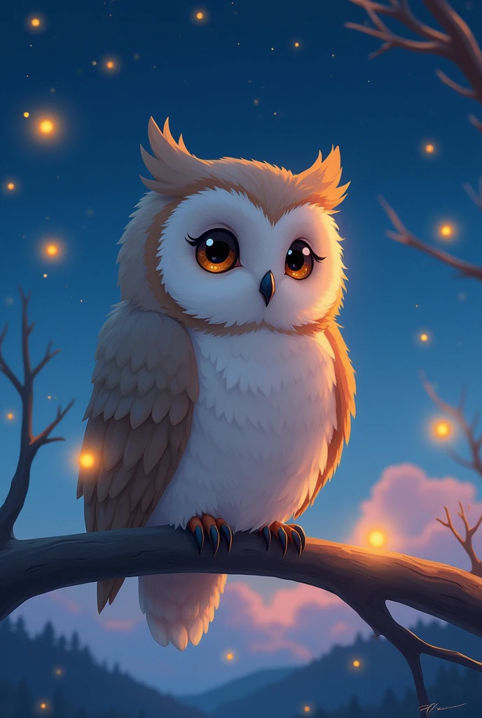 アニメマンガイラストスタイル, A warm and inviting illustration in the style of Makoto Shinkai, featuring a gentle, wise owl perched on a branch. The owl has large, reflective eyes that capture the serene beauty of its surroundings. The feathers are rendered with delicate attention to detail, using soft, natural colors that blend harmoniously with the twilight setting. The background showcases a breathtaking twilight sky, painted in deep blues and purples, with a subtle gradient that transitions into a starry night. Softly glowing fireflies float around the owl, adding a touch of magic to the scene. The overall design should evoke a sense of calm, wisdom, and the quiet beauty of nature, capturing the emotional depth typical of Shinkai's work.