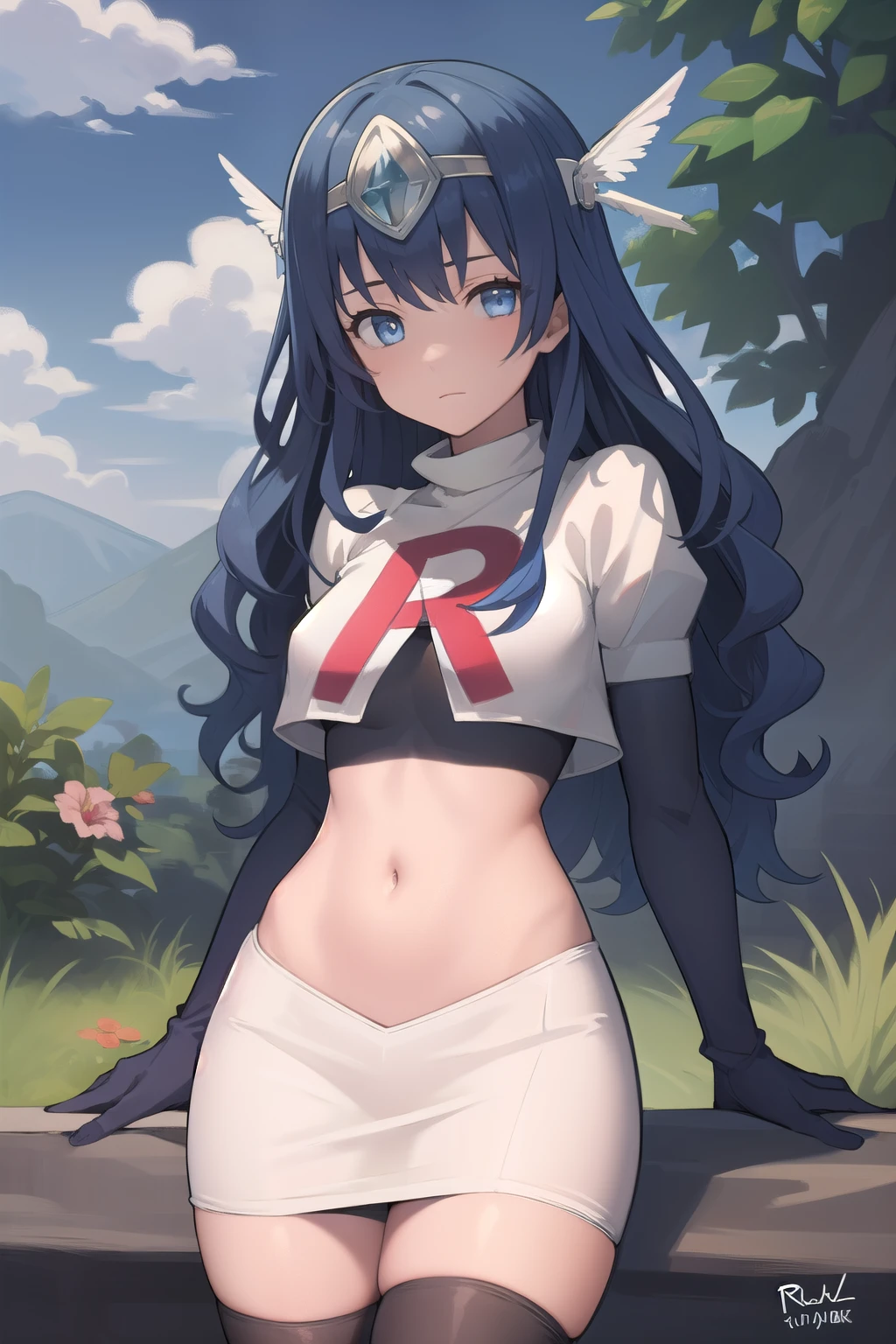 best quality, (masterpiece:1.2), illustration, absurdres,
(1girl, solo),  (beautiful detailed girl), 
blue hair, long hair, wavy hair, blue eyes, medium breasts,
winged visor, wing ornament, team rocket,team rocket uniform,white skirt,red letter R,crop top,black thigh-highs,black elbow gloves, looking at viewer,
magical forest, flowers, sky, clouds