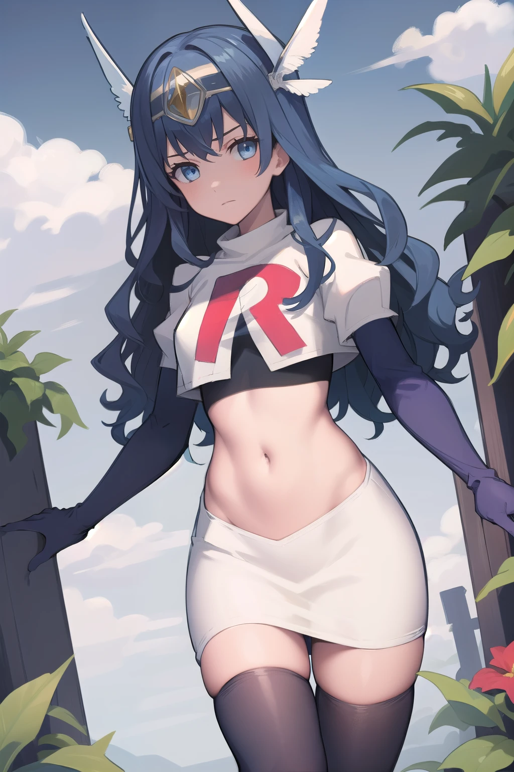 best quality, (masterpiece:1.2), illustration, absurdres,
(1girl, solo), (beautiful detailed girl),
blue hair, long hair, wavy hair, blue eyes, medium breasts,
winged visor, wing ornament, team rocket,team rocket uniform,white skirt,red letter R,crop top,black thigh-highs,black elbow gloves, looking at viewer,
magical forest, flowers, sky, clouds