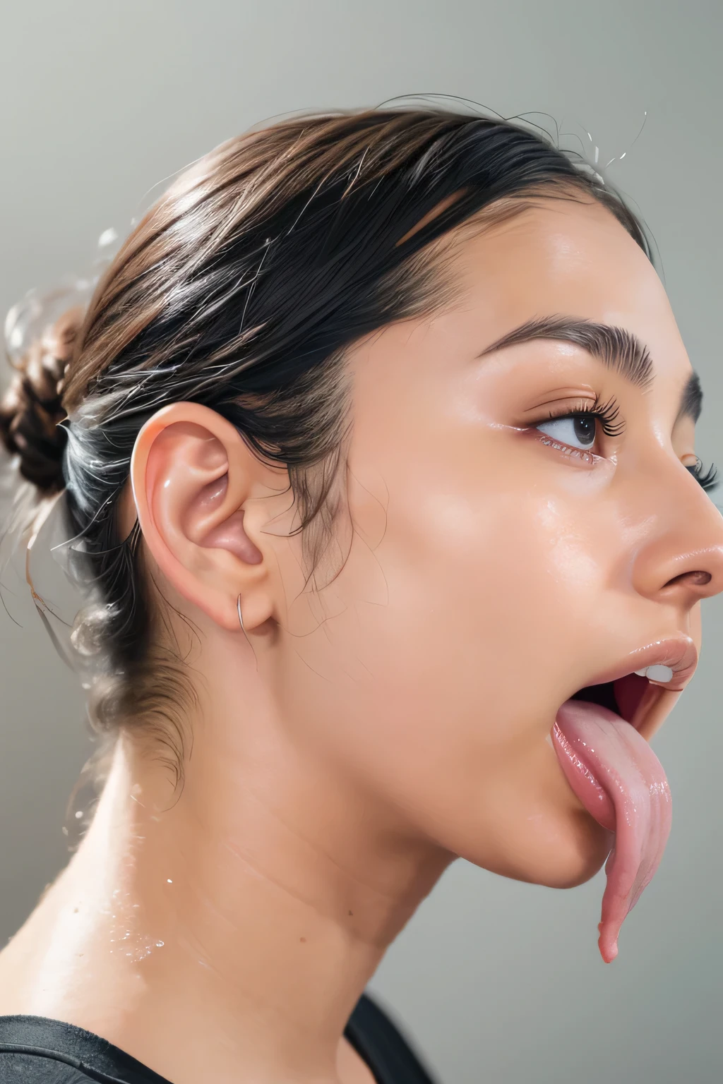 Taylor Hill、High resolution realistic photos,8k,Realistic skin texture,to be born々New People々々々々々,1 person,Tabletop,,Awards - Winning Photos, Very detailed, close your eyes, Nose and mouth,Face Focus, Extreme close up of face、Woman with open mouth and close your eyes, Black camisole、20-year-old,Black-haired、Symmetrical face,Realistic nostrils、Angle from below、Elongated C-shaped nostrils,((Gray background))、Sweaty skin、Lighting that highlights glowing skin caused by sweat、((Sharp Nose))Skin shiny with sweat、Glowing Skin、Sweaty hair、sunlight、(Brow wrinkles)((Frowning))(cum on tongue)、Deep Kiss、((Thin eyebrows))((Oily skin、Glowing Skin))、double eyelid、Wet and shiny tongue、Tied Hair、updo、Lift your head(((Long Tongue, Saliva trace)))((Super wet skin))((Visible profile of the nasal septum,nasal septum,profile))