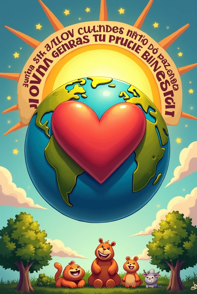 Draw a planet Earth with a heart in the center and around the planet Earth a slogan that literally describes the following phrase in Spanish: Young man, when you are at peace with yourself, you generate your own well-being.. All drawing must be in caricature