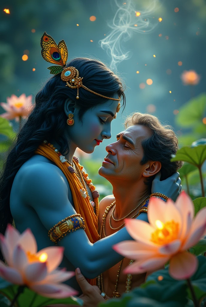 Create a image of a sad man who sleeps in lap of loard Krishna